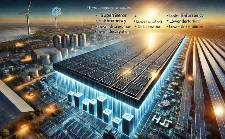 A composição destaca um painel HJT ao lado de modelos tradicionais, evidenciando sua superioridade em eficiência, menor degradação e melhor desempenho em baixa luminosidade. No fundo, uma fazenda solar utiliza essa tecnologia para maximizar a produção energética.