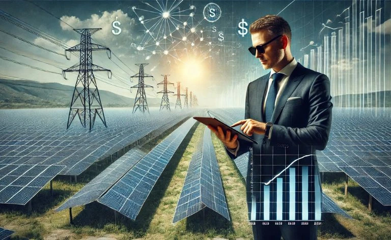 Um empresário bem-sucedido está em frente a uma grande instalação de painéis solares, analisando projeções financeiras em um tablet. No horizonte, extensos painéis fotovoltaicos cobrem a paisagem, enquanto torres de transmissão destacam a conexão com a rede elétrica, reforçando os benefícios econômicos e sustentáveis do investimento em energia solar.